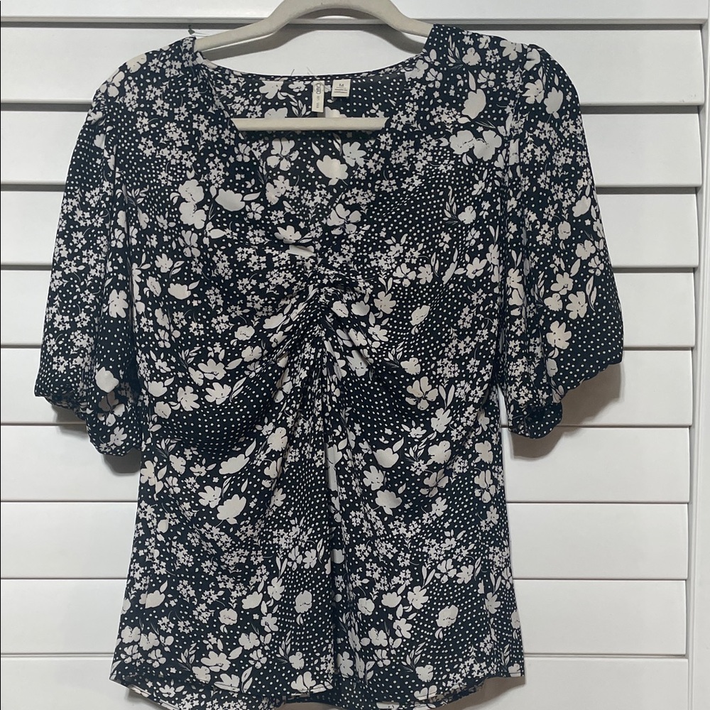 Cato Black and White Floral Ruched Front Blouse